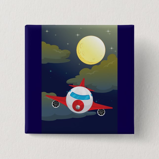 Badge Carré 5 Cm Cartoon Red Airplane Flying In Night Sky (Devant)