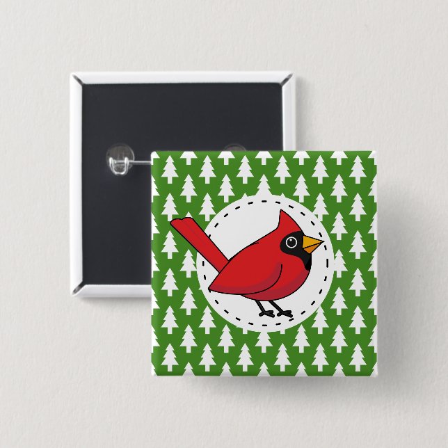 Badge Carré 5 Cm Cartoon Red Cardinal (Devant & derrière)
