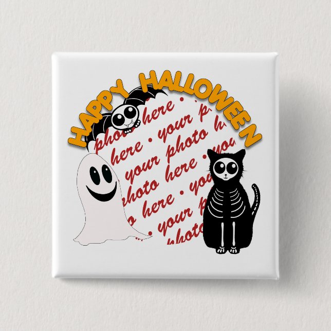 Badge Carré 5 Cm Cartoon Squelette Chat, chauve-souris et cadre pho (Devant)
