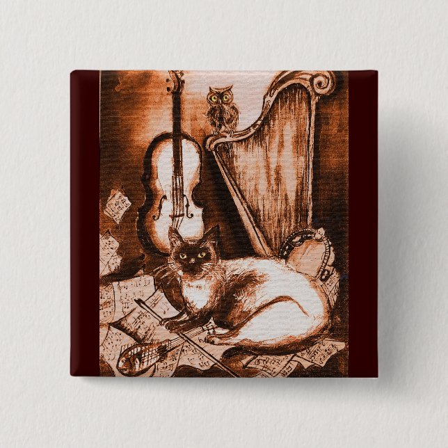 Badge Carré 5 Cm CAT MUSICAL, Brown et blanc (Devant)