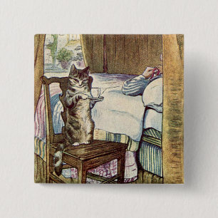 Badge Carré 5 Cm Cat Serve Thé - Beatrix Potter Illustré