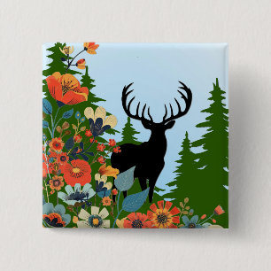 Badge Carré 5 Cm Cerf à grande ramure hors de la forêt ciel bleu