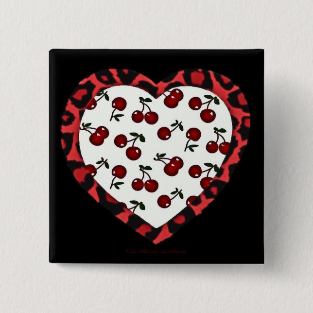 Badge Carré 5 Cm Cerises RAB Empreinte de léopard Heart Rockabilly (Devant)