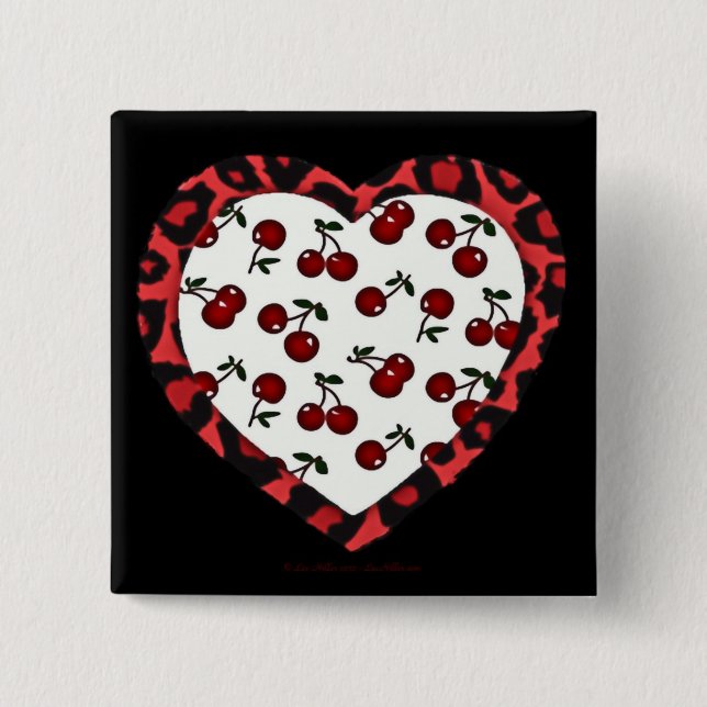 Badge Carré 5 Cm Cerises Rockabilly RAB Impression Léopard Coeur (Devant)
