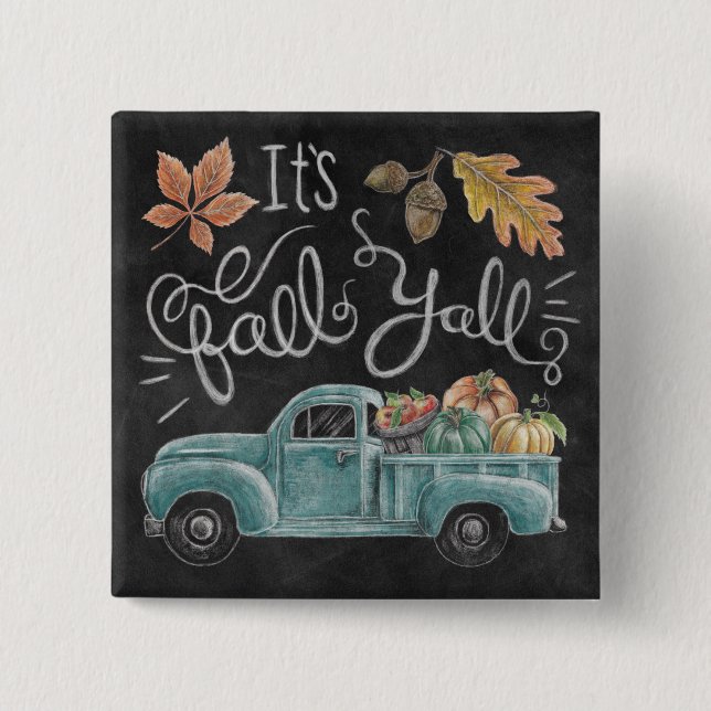 Badge Carré 5 Cm C'est Automne Y'all - Chalkboard Truck (Devant)