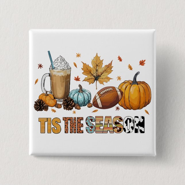 Badge Carré 5 Cm C'est la saison Herbstzeit mit Football und Kaffee (Devant)