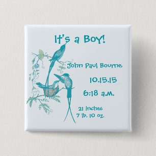 Badge Carré 5 Cm C'est un garçon ! Aqua Vintage Bird Maman Papa Béb