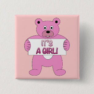 Badge Carré 5 Cm C'est une fille rose ours