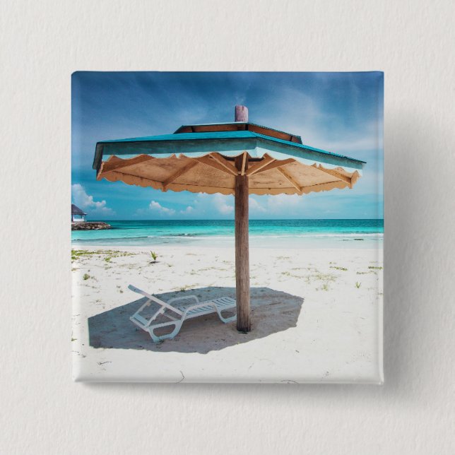 Badge Carré 5 Cm Chaise de plage et plage argentée de sables du (Devant)