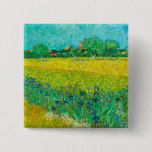 Badge Carré 5 Cm Champ Van Gogh avec Irises près d'Arles