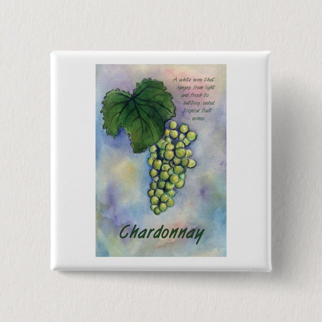 Badge Carré 5 Cm Chardonnay Wine Grapes & Description Button (Devant)