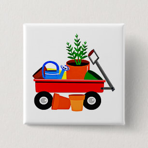 Badge Carré 5 Cm Chariot rouge avec des plantes et des outils de