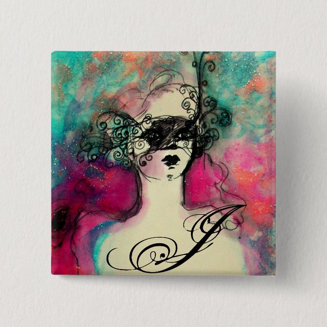 Badge Carré 5 Cm CHARME MONOGRAM / Beauté mystérieuse avec masque (Devant)