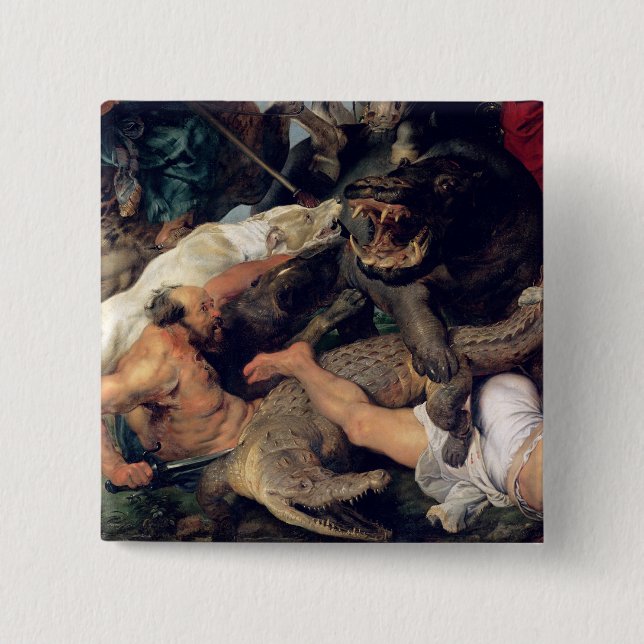 Badge Carré 5 Cm Chasse à hippopotame et à crocodile, c.1615-16 (Devant)