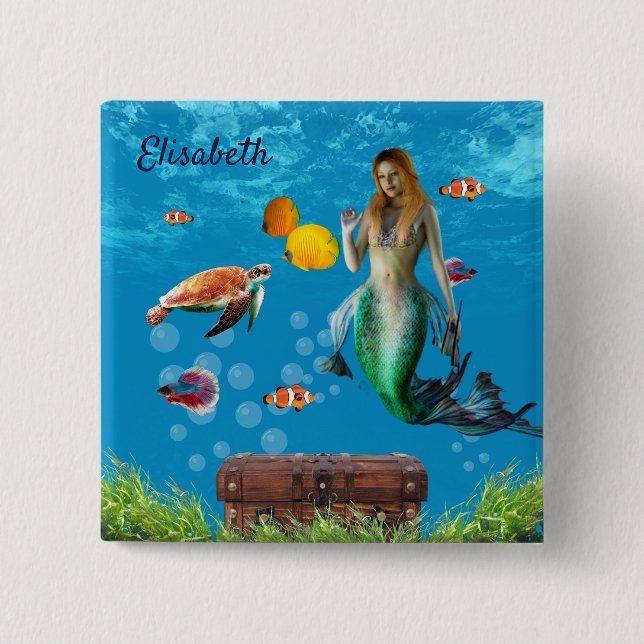 Badge Carré 5 Cm Chasse au trésor sous-marin Sirène Imaginaire bleu (Devant)