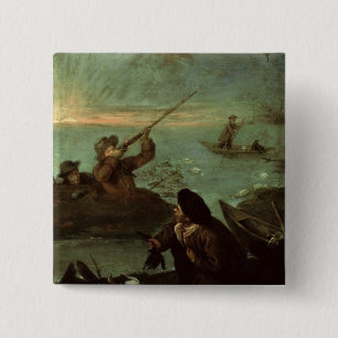 Badge Carré 5 Cm Chasseurs tirant aux canards (huile sur la toile)