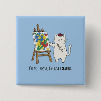 Badge Carré 5 Cm Chat Artiste Peinture Abstraite Pastel Bleu Désord
