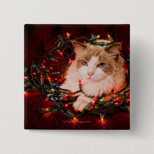 Badge Carré 5 Cm Chat assis sur une boule de lumières de Noël. (Devant)