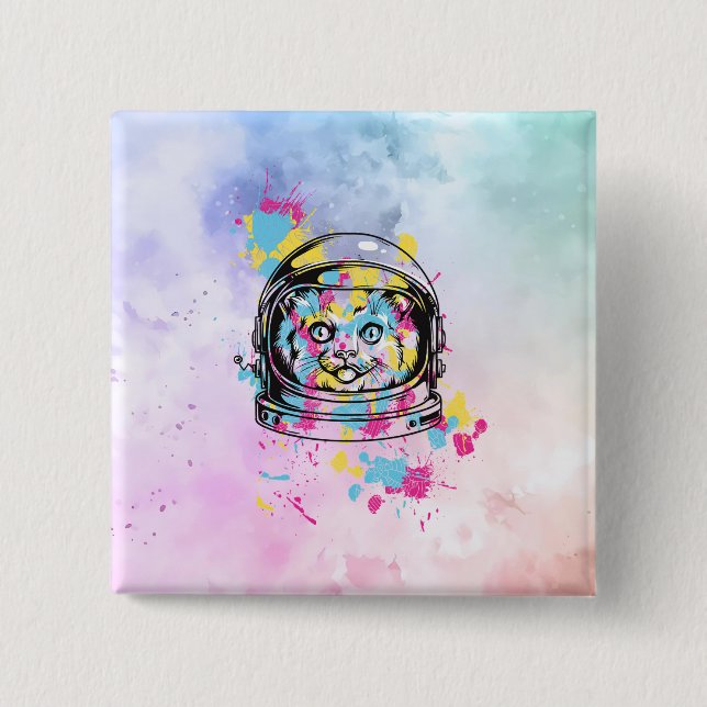 Badge Carré 5 Cm Chat Astronaute (Devant)