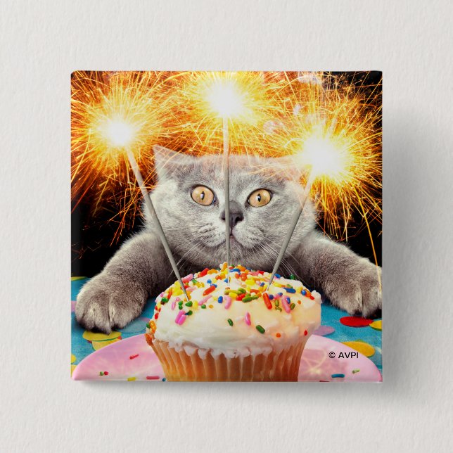 Badge Carré 5 Cm Chat Avec Cupcake Sparkler (Devant)