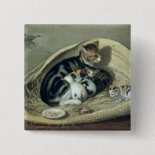 Badge Carré 5 Cm Chat avec ses chatons dans un panier, 1797