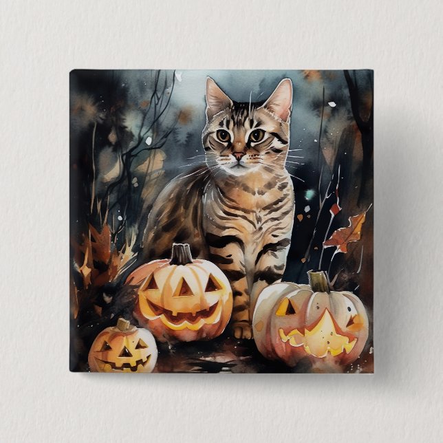 Badge Carré 5 Cm Chat Bengale D'Halloween Avec Peur Citrouille (Devant)