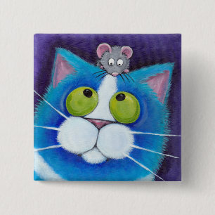 Badge Carré 5 Cm Chat bleu et bouton de la souris