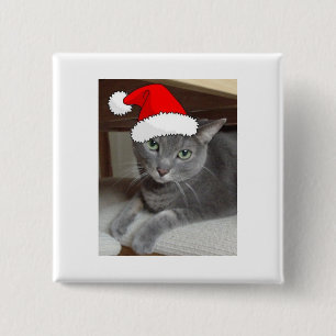 Badge Carré 5 Cm Chat bleu russe de Noël