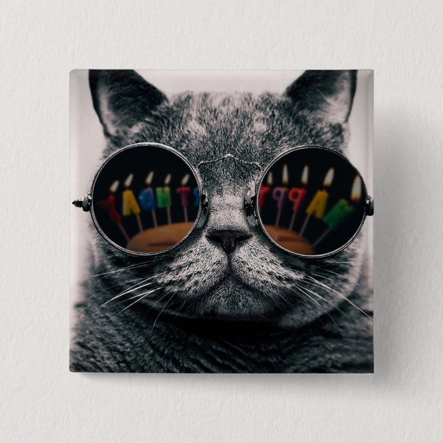 Badge Carré 5 Cm Chat cool | Bouton | Joyeux chat d'anniversaire (Devant)