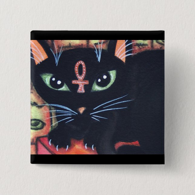 Badge Carré 5 Cm Chat de l'Egypte avec Ankh (Devant)