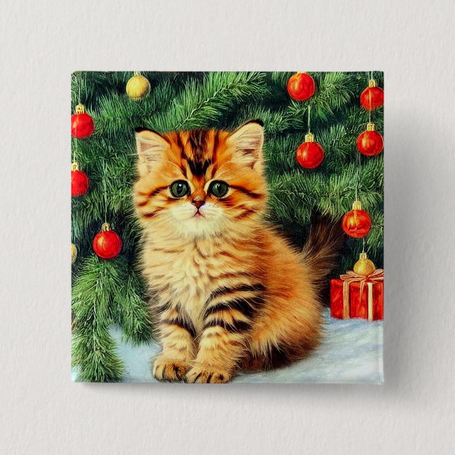 Badge Carré 5 Cm Chat de Noël Vintage (Devant)