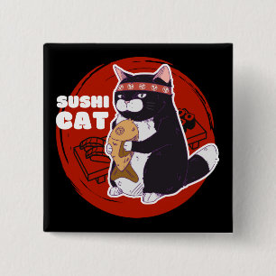 Badge Carré 5 Cm Chat de sushi, Chat de chat de samouraï