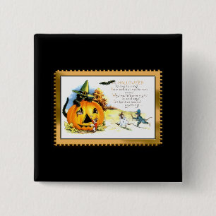 Badge Carré 5 Cm Chat d'Halloween assis dans une citrouille lumineu