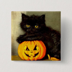 Badge Carré 5 Cm Chat d'Halloween vintage et lanterne Jack-o’