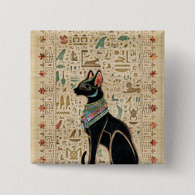 Badge Carré 5 Cm Chat égyptien - Bastet sur le papyrus (Devant)