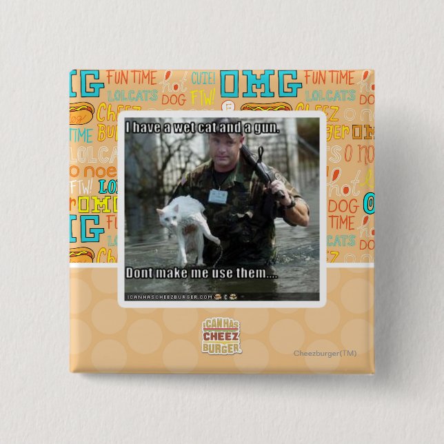 Badge Carré 5 Cm Chat et arme à feu humides (Devant)