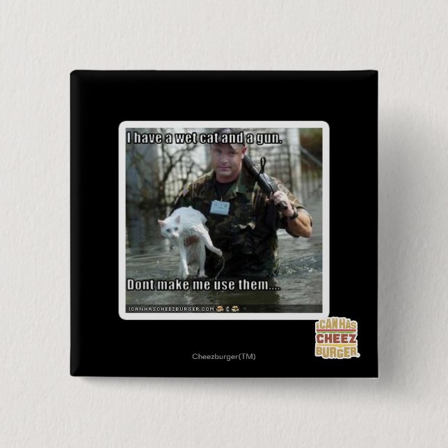 Badge Carré 5 Cm Chat et arme à feu humides (Devant)