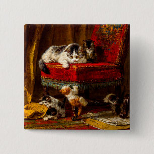 Badge Carré 5 Cm Chat et chatons Jouer avec chaise
