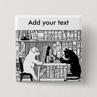 Badge Carré 5 Cm Chat et chien dans la bibliothèque