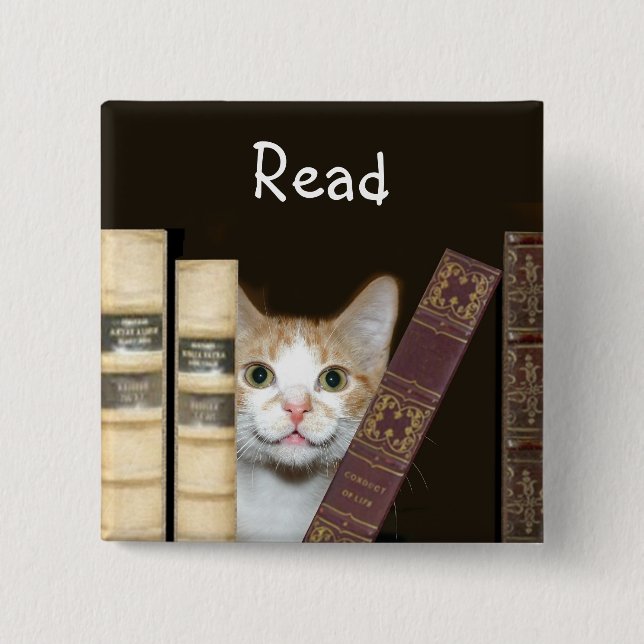 Badge Carré 5 Cm Chat et livres (Devant)