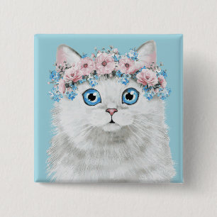 Badge Carré 5 Cm Chat floral blanc doux
