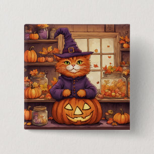 Badge Carré 5 Cm chat halloween #6 bouton