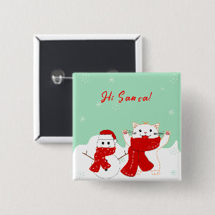 Badge Carré 5 Cm Chat heureux avec bonhomme de neige Bouton de No