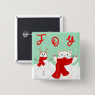 Badge Carré 5 Cm Chat heureux avec bonhomme de neige   Bouton de No