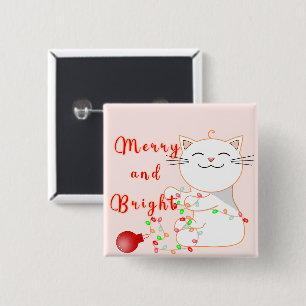 Badge Carré 5 Cm Chat Heureux Jouant Avec Lumière LED   Noël Mignon