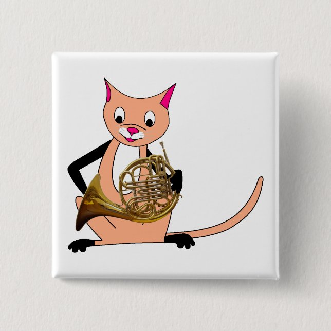 Badge Carré 5 Cm Chat jouant le cor de harmonie (Devant)