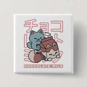 Badge Carré 5 Cm Chat Kawaii avec du Lait au Chocolat – Pop Art Jap