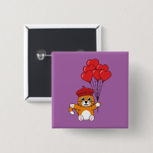 Badge Carré 5 Cm Chat mignon avec Ballons de Coeur Rouge