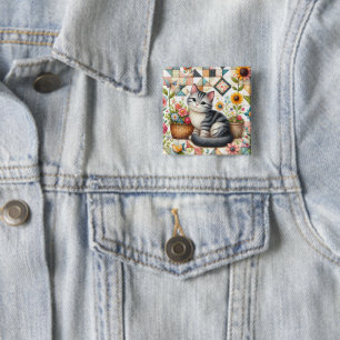 Badge Carré 5 Cm Chat mignon sur courtepoint florale Cottagecore