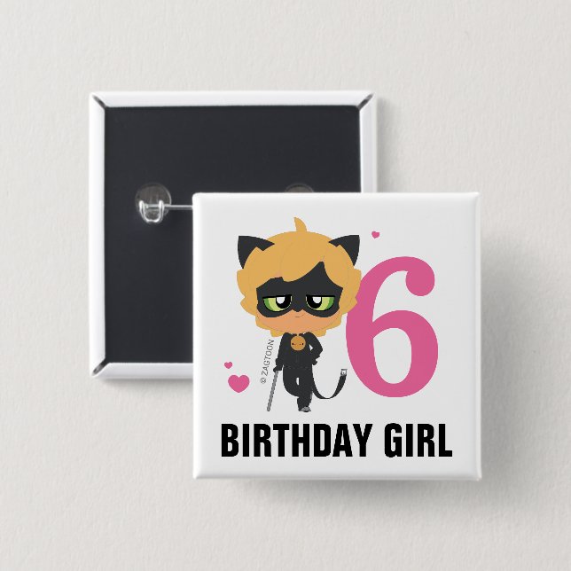 Badge Carré 5 Cm Chat Miraculeux Noir Chibi Fille d'anniversaire (Devant & derrière)